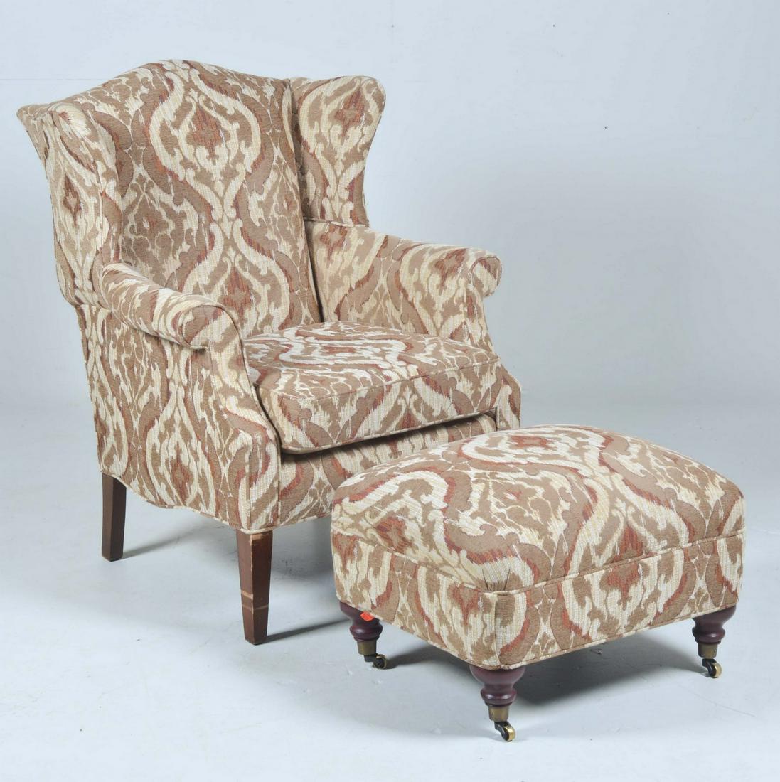 Contemporary upholstered wing chair w/ ottoman: Contemporary upholstered wing chair w/ ottoman, 39-1/2"h x 34"w x 31"d, wear and scratches to legs on chair