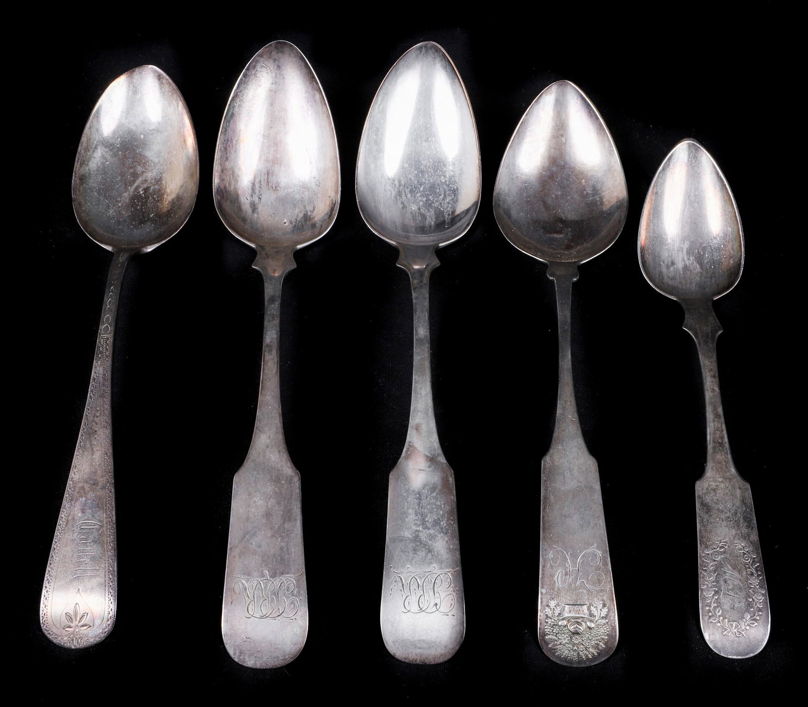 Coin Silver Serving Spoons: Coin silver serving spoons to include P. Fries Penna coin tablespoon, c 1840, 7-1/2" L, George Sharp Phila/KY coins silver serving spoon 8-7/8"L, GS Gelston NYC coin silver serving spoon c 1840, 8-3/4