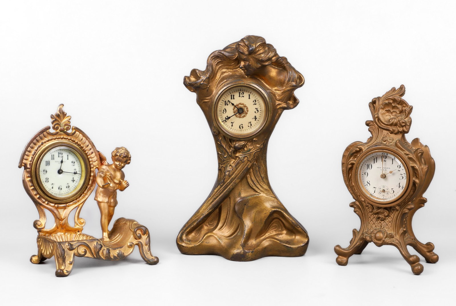 (3) Gilt Metal Nouveau Desk Clocks (1 of 2)