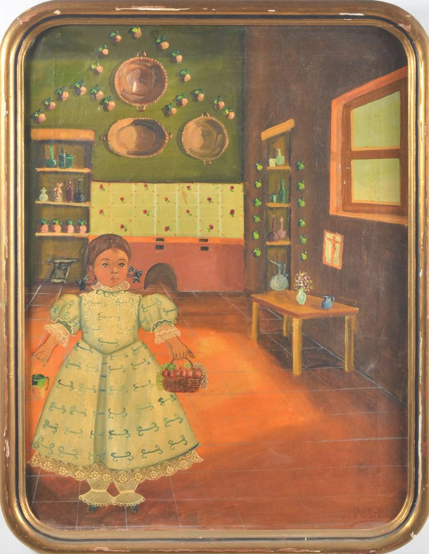 Agapito Labios "Girl with Basket": Agapito Labios (Mexican, 1898-1996) "Girl with Basket", oil on canvas, signed "A. Labios", 23-3/4" x 18", framed 25-3/4" x 20", fair condition, gilt losses to frame