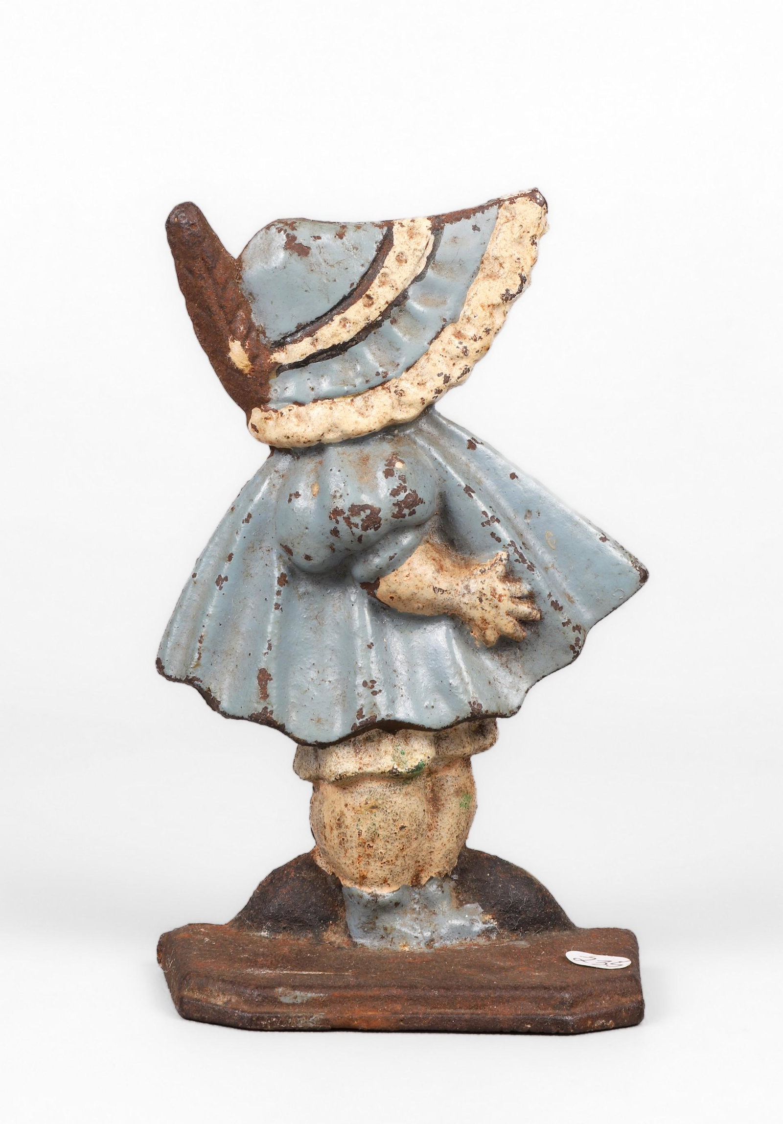 Hubley Cast Iron Sunbonnet Sue Door Stop: Hubley cast iron doorstop, Sunbonnet Sue with feather hat, 6-1/8" h, remnants of original paint