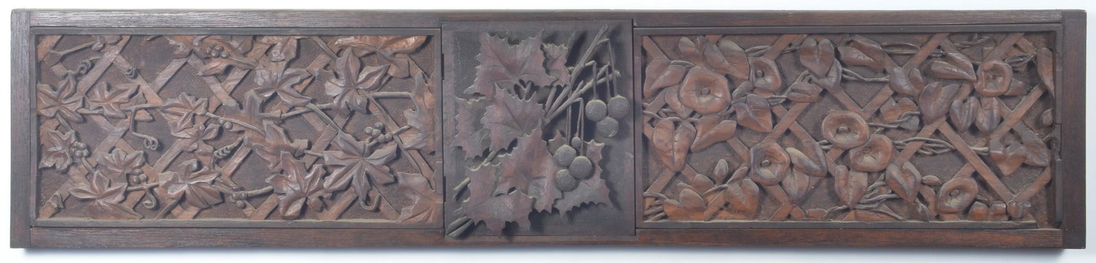 Carved Wood Panel: Carved wood panel, flower & fruit decoration, unmarked, according to consignor was created for the 1893 Chicago World's Fair, 10-3/4" x 48-1/2"