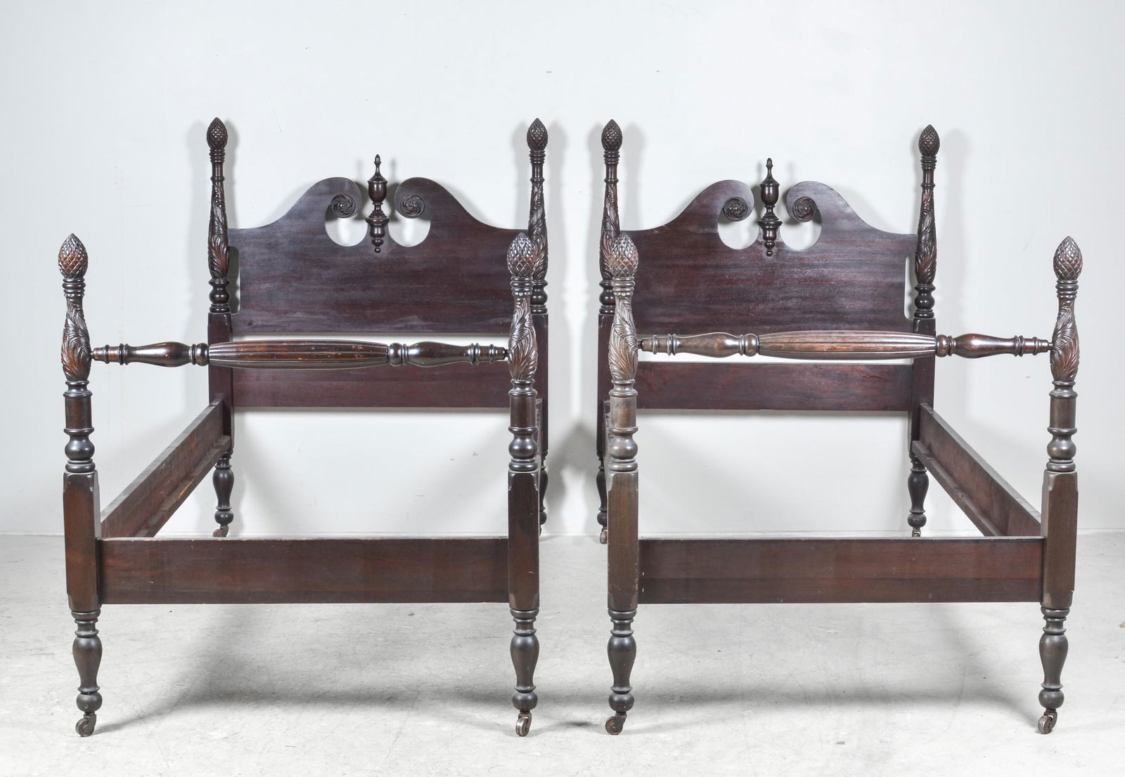 Pair Regency style carved mahogany twin size beds (1 of 7)