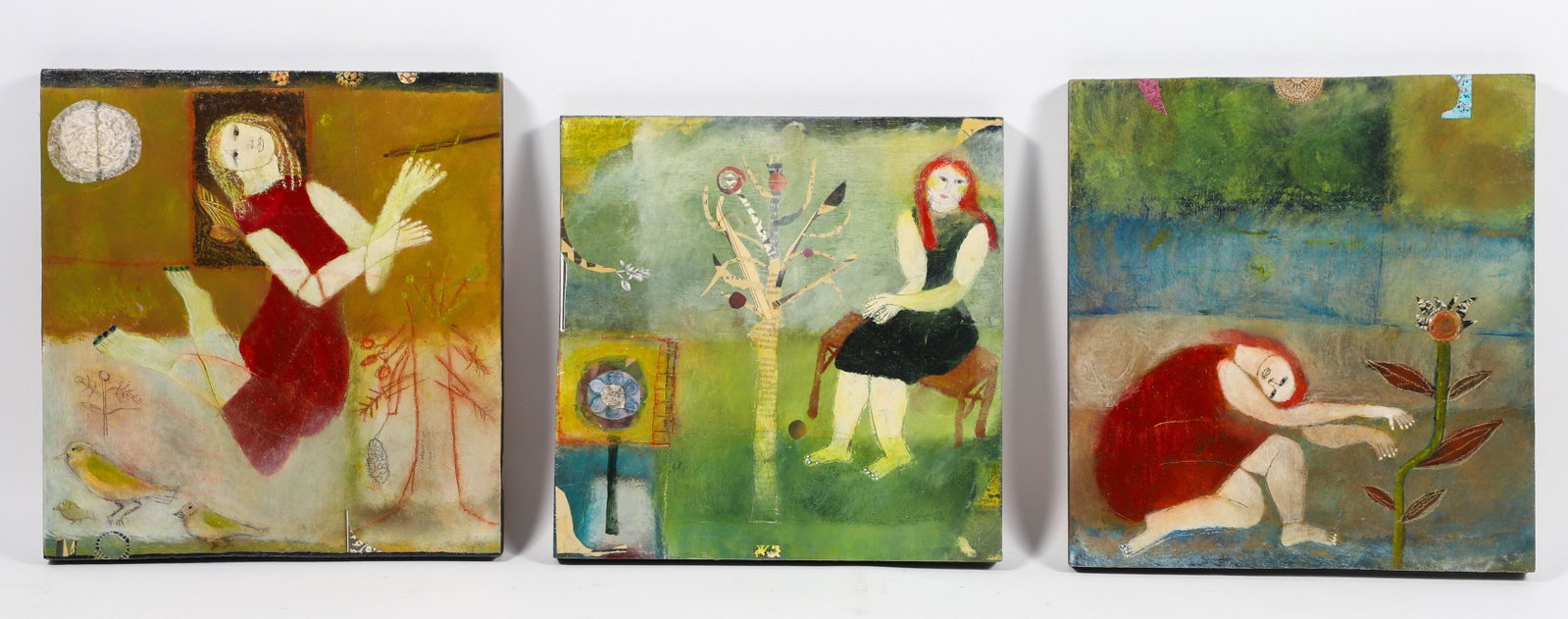 (3) Katherine Dunn Paintings: (3) Katherine Dunn, 20th-21st C American, paintings, oil on wood panel, signed on reverse "Katherine Dunn", largest 12-1/8" x 11-1/4", very good condition