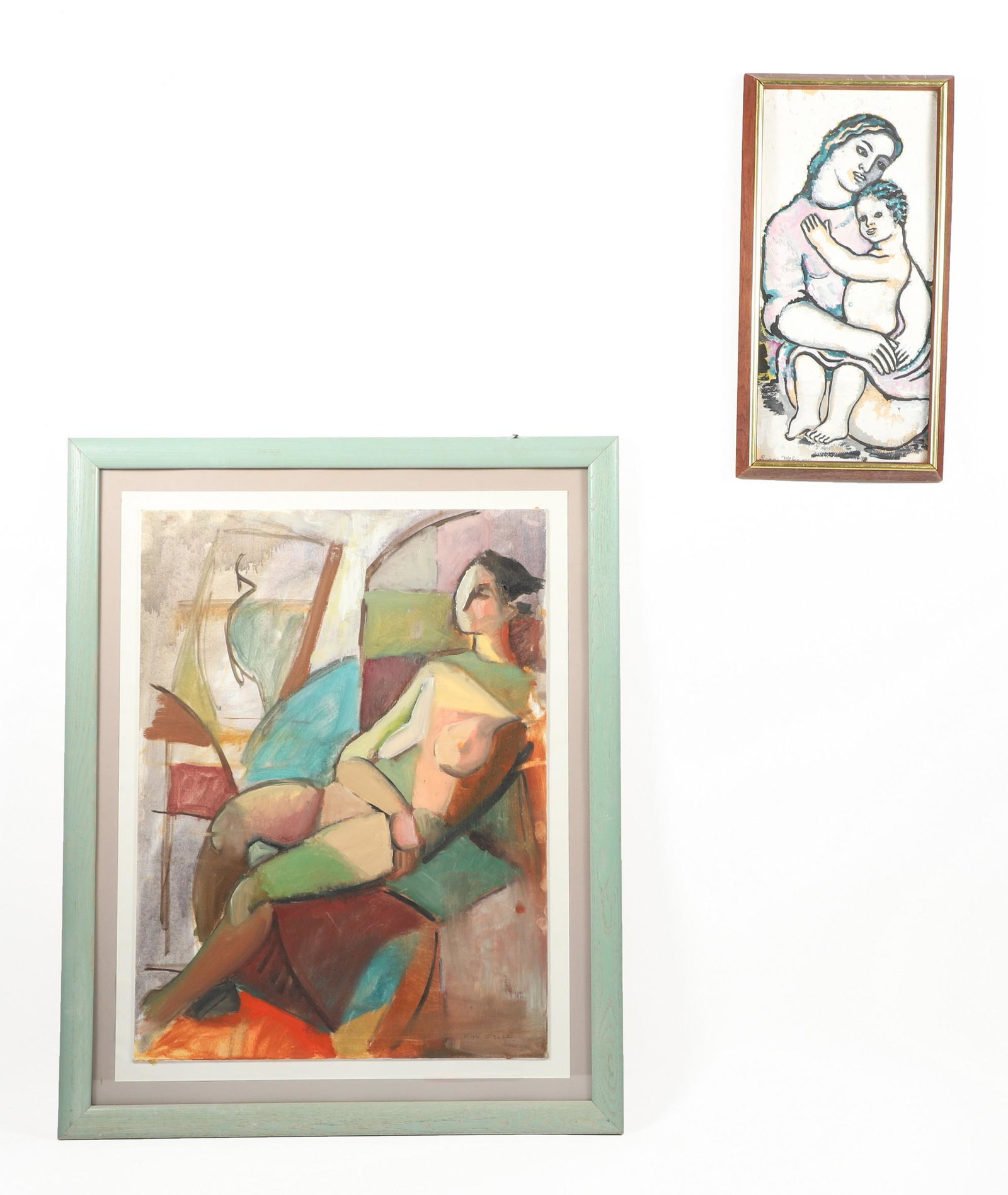 (2) Modern Paintings: (2) Modern paintings, "Cubist Nude", oil on unstretched canvas, signed "Ruth Gitell, 24" x 17-3/4"; "Mother and Child", gouache on paper, signed "Dina Melicov", 16-1/2" x 7-3/4"; largest framed size 3
