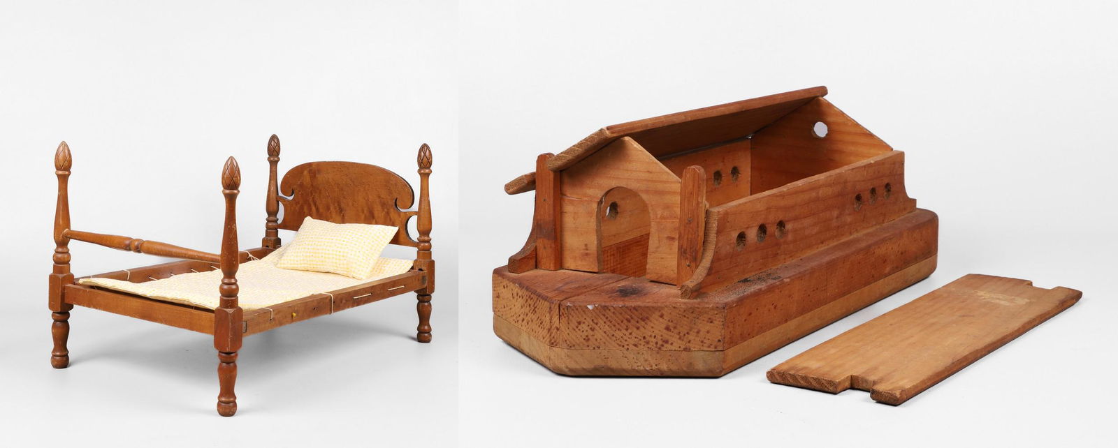 Maple Dolls Bed, wooden arc: Maple dolls bed, pineapple finial, birdseye maple headboard, 20" L, 12-3/4" W, also to include wooden arc, needing repair in (1) spot for roof to sit properly, 15-1/2" L