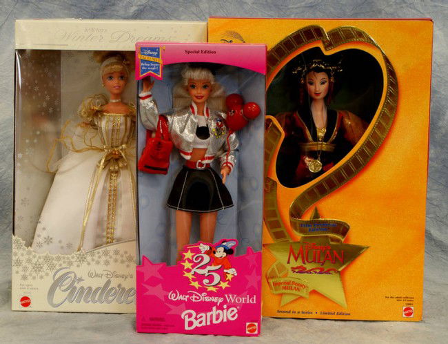 (3) Mattel Disney Collector dolls, Winter Dream Cin: (3) Mattel Disney Collector dolls, Winter Dream Cinderella, Walt Disney World 25th Anniversary Barbie, and film premiere Mulan, in original boxes