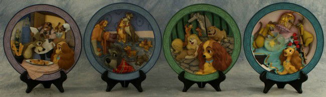 (4) Lady and the Tramp three dimensional electric p: (4) Lady and the Tramp three dimensional electric plates, We are Siamese, A Family At Last, He's A Tramp, Bellanotte, in original boxes.