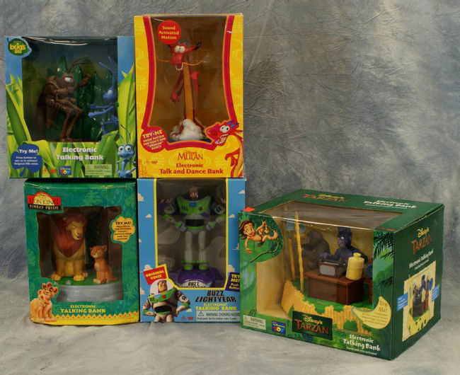 (5) Electronic talking banks, consisting of Tarzan,: (5) Electronic talking banks, consisting of Tarzan, Mulan, Buzz Light year, a Bug's Life, the Lion King "Simba's Pride", all in original boxes