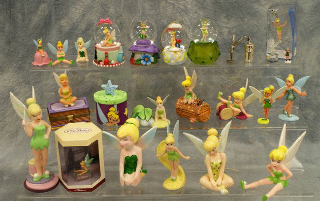 (11) Tinker Bell figurines, porcelain, ceramic, co: (11) Tinker Bell figurines, porcelain, ceramic, composite, tallest 6", 4 snow globes, one needs repair, 5 tiny figurines, 3 boxes, 1 Disney's tiny kingdom figurine in original box, and a dangler