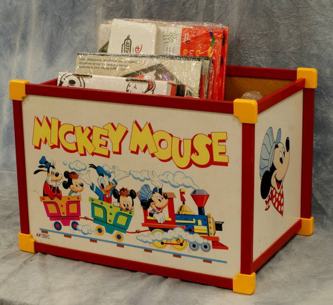 Mickey Mouse toy box with wheels, storage boxes, c: Mickey Mouse toy box with wheels, storage boxes, closet organizer, and auto shades