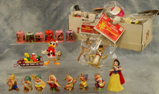 Vintage ornaments including Wonderful World of Dis: Vintage ornaments including Wonderful World of Disney, Snow White and the 7 Dwarfs in original box, Snow White and the 7 Dwarfs bisque, Hollow plastic, Christmas light shades Circa 1936