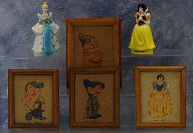 (4) Vintage Snow White and the 7 Dwarfs framed pri: (4) Vintage Snow White and the 7 Dwarfs framed prints, circa 1938, 1950's vintage Cinderella, Snow White plastic figurines