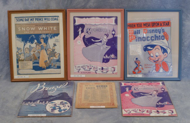 3 framed sheet music, Walt Disneys Dumbo song book: 3 framed sheet music, Walt Disneys Dumbo song book, and 2 unframed sheet music