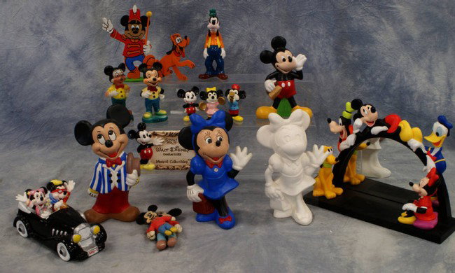 Mickey and Minnie lot, including a figural mirror,: Mickey and Minnie lot, including a figural mirror, a hollywood Mickey music box by Schmid, Schmid music collectibles plaque, 2 vintage stuffed toys, and various ceramic, wood and plastic figurines
