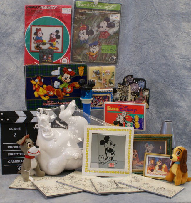 Large lot of Disney items including Mickey mirror,: Large lot of Disney items including Mickey mirror, tins, EuroDisney playing cards, picture frames, handmade party items, etc