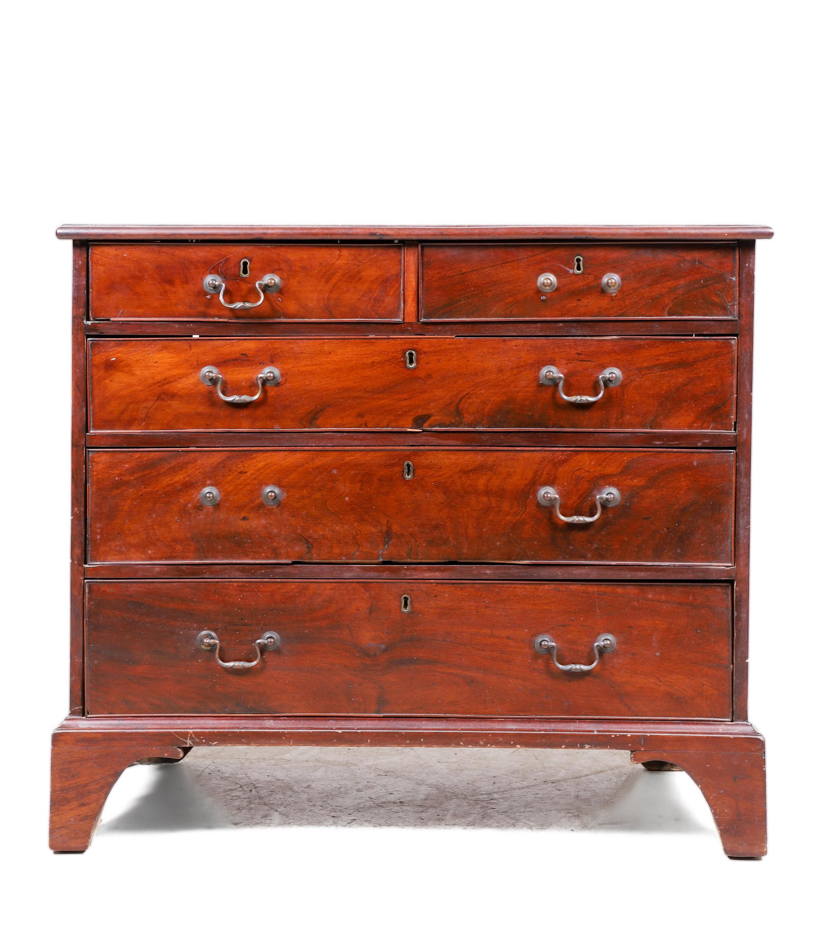 Mahogany Chippendale Bureau: Mahogany Chippendale Bureau, 2 short over 3 long drawers, missing some drawer pulls, on original straight feet, American, late 18th c,, 33"h x 38"w x 18"d