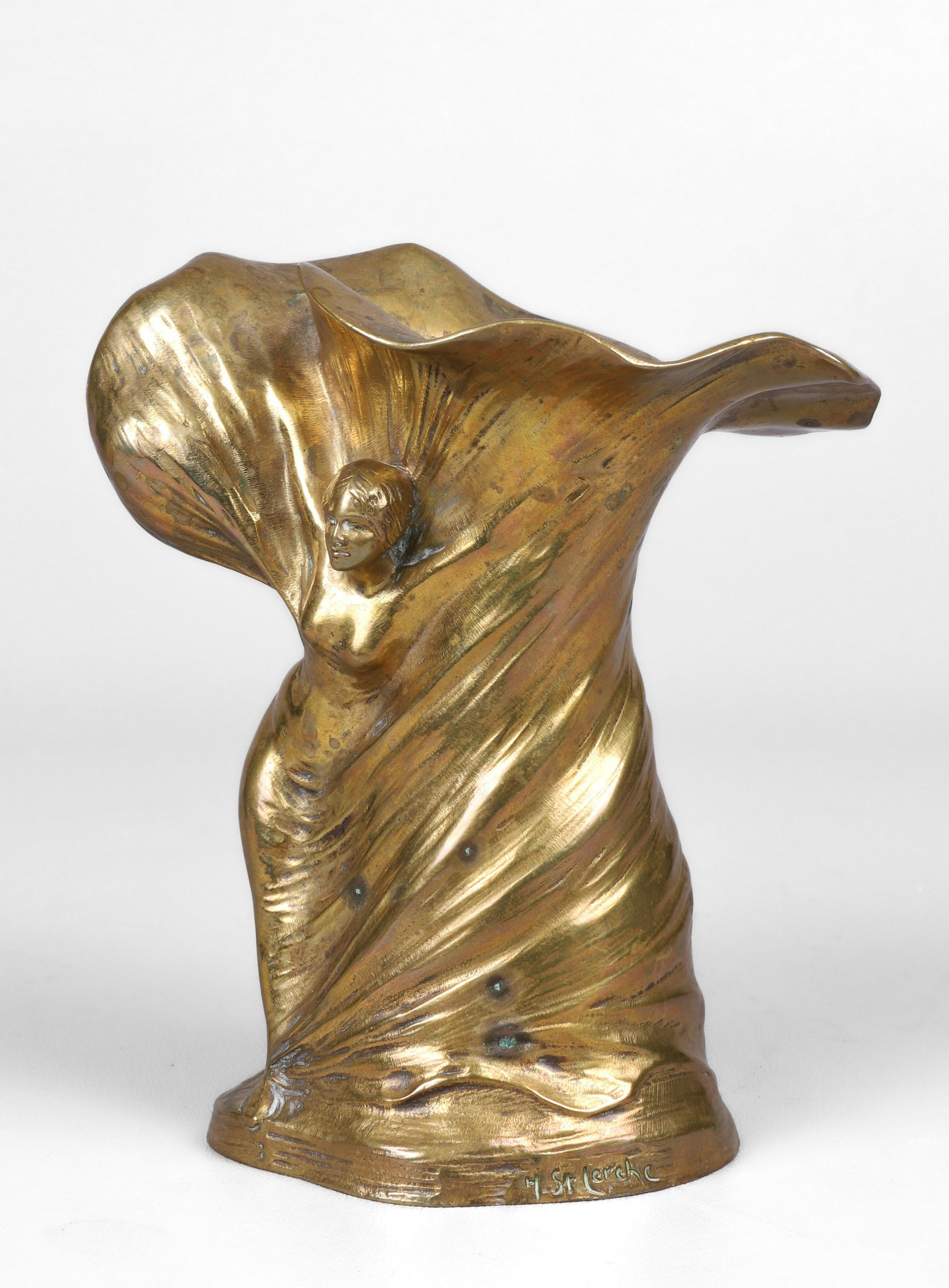 Hans Stoltenberg Lerche Bronze Figural Vase: Hans Stoltenberg Lerche bronze figural vase depicting performer Loie Fuller, 1900, signed H.St.Lerche in cast, Louchet foundry, 5-7/8" H, Spots of tarnish and oxidation.