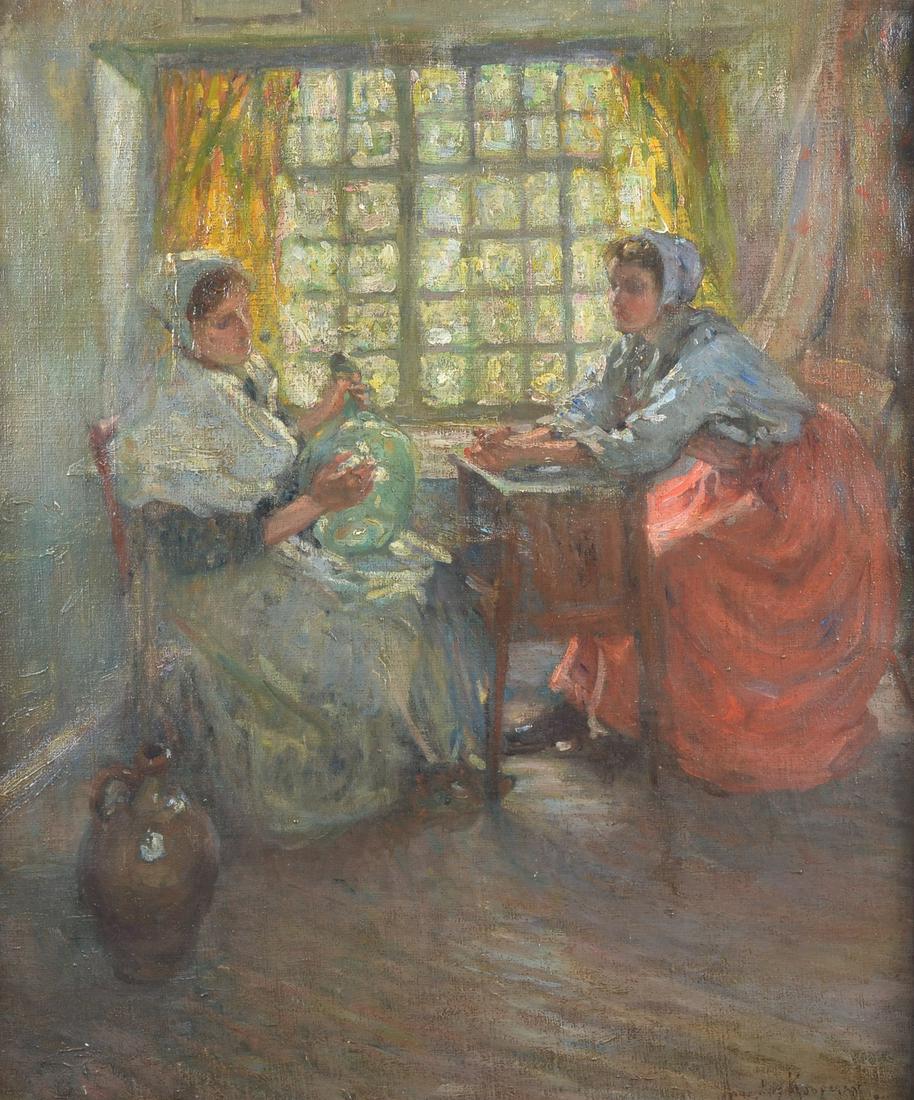 Augustus Koopman Painting "By the Window": Augustus Koopman (French-American, 1869-1914) painting "By the Window" depicting two seated young women, oil on canvas, signed "Augustus Koopman", 32" x 26-1/2", framed 38" x 32-3/4", painting in very