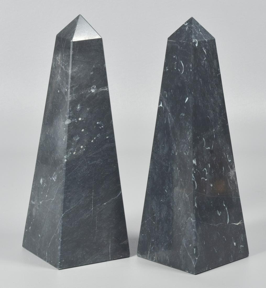 Custom Grey Marble Obelisk Garniture Pair: Custom grey marble obelisk garniture pair, 12-1/2" H on tapered 4", 4" base