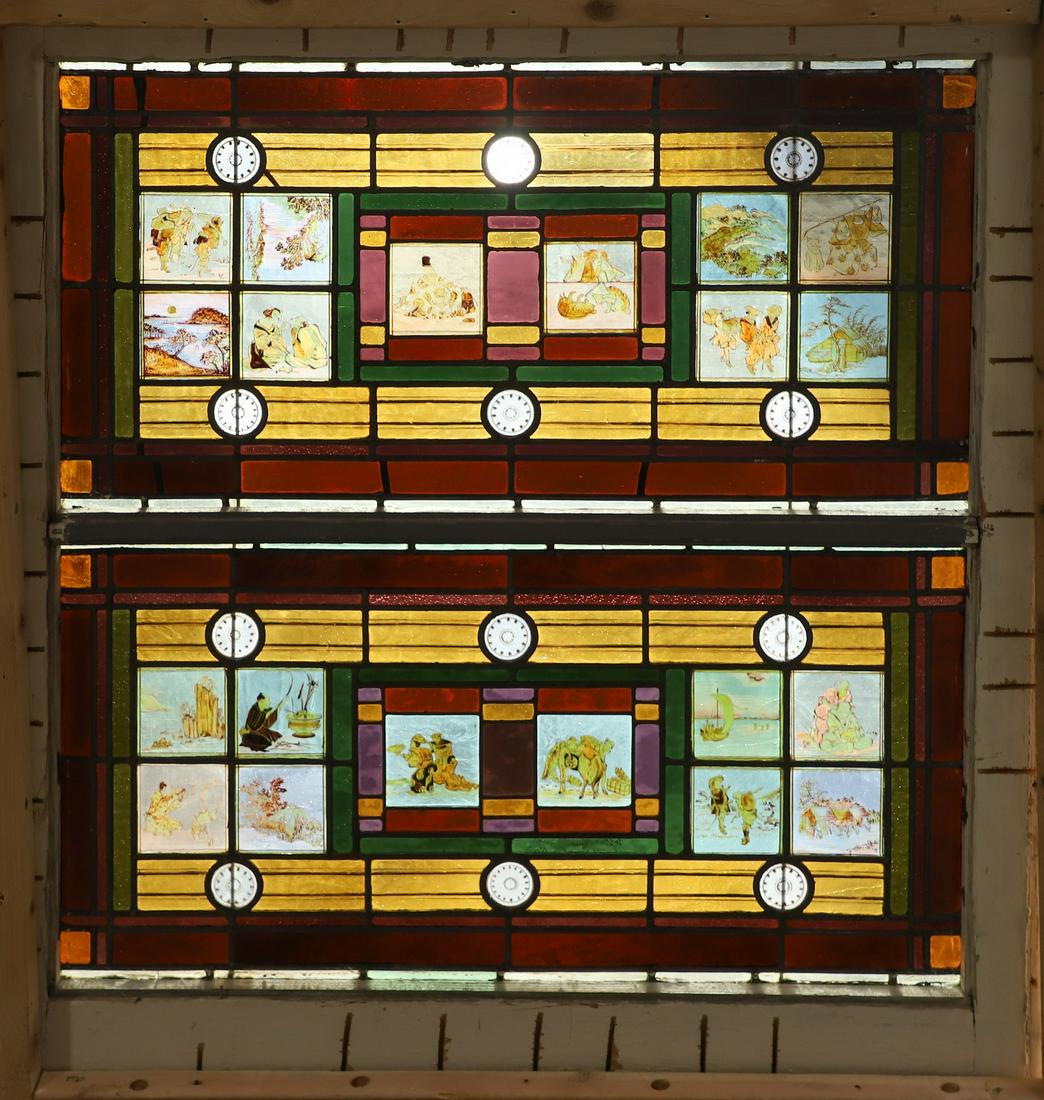 William J McPherson Stained glass window: William J McPherson Stained glass window, hand painted Asian scenes of figures and landscapes, white painted wood frame, 42"h x 36"w, William J. McPherson worked in the Boston area during the second h