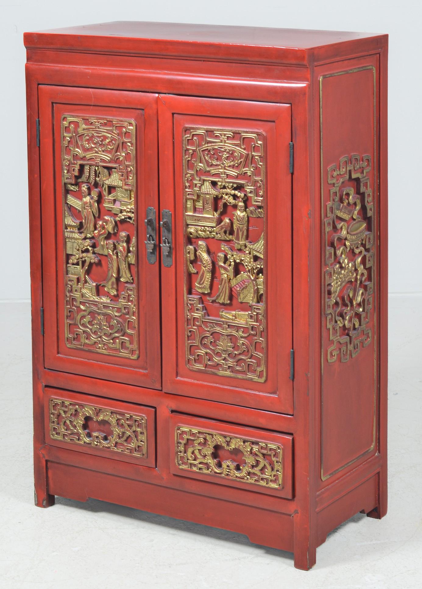Red Lacquered and Gilt Carved Chinese Cabinet (1 of 8)