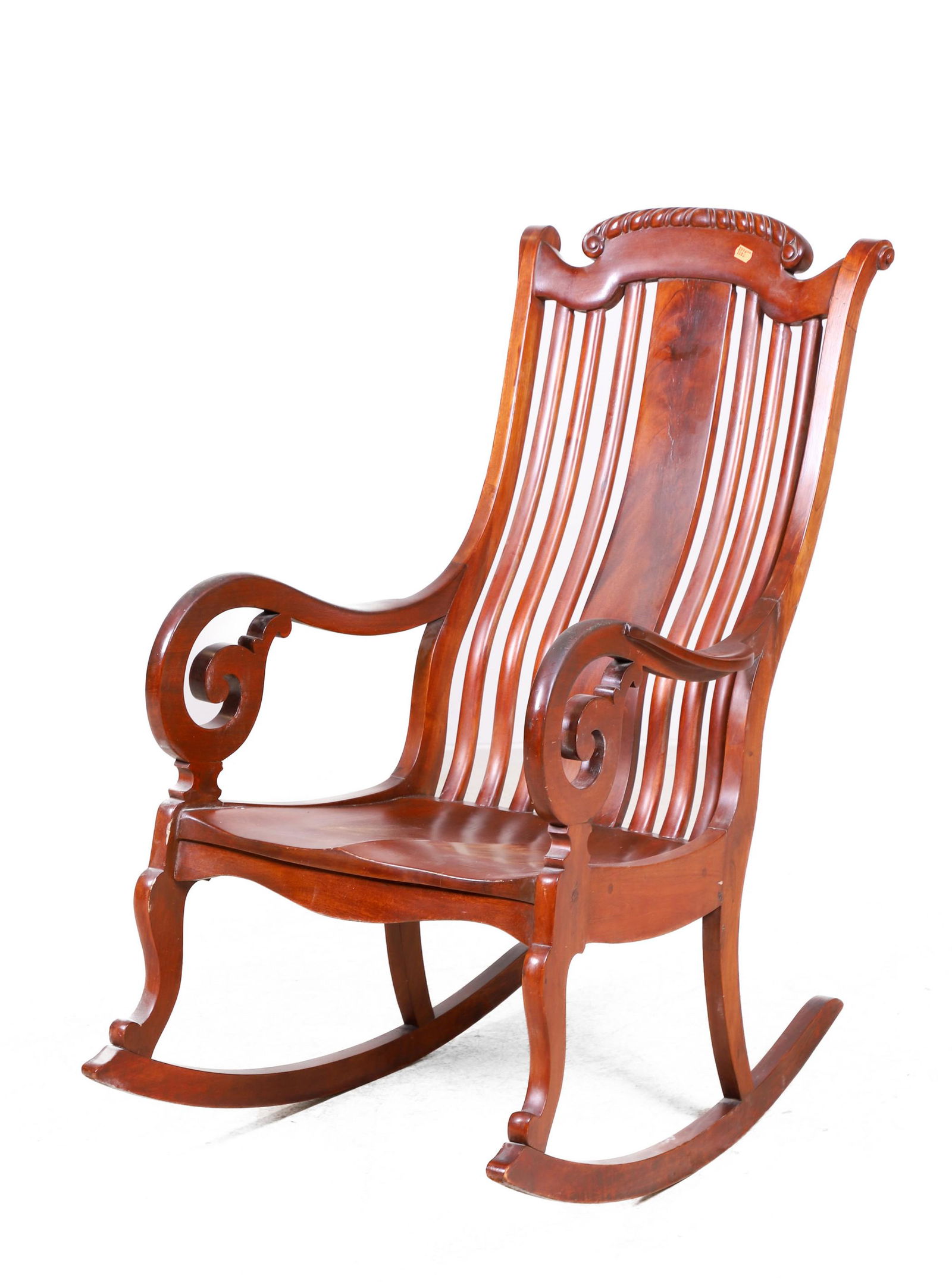 Empire style carved mahogany rocking chair: Empire style carved mahogany rocking chair, bentwood back, scrolled arms, 42-1/2"h x 23"w x 27"d
