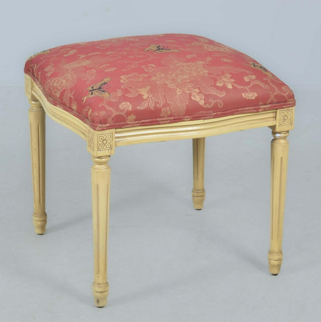 Louis XVI style footstool: Louis XVI style footstool, floral and butterfly upholstery, rosettes over tapered and reeded legs, cream painted base, 20"h x 19-1/2"square