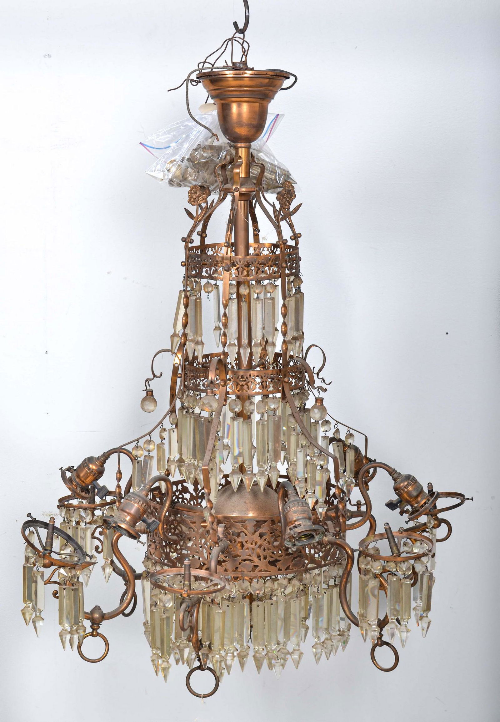 12 Light Brass Gasolier Chandelier, c 1900 (1 of 5)