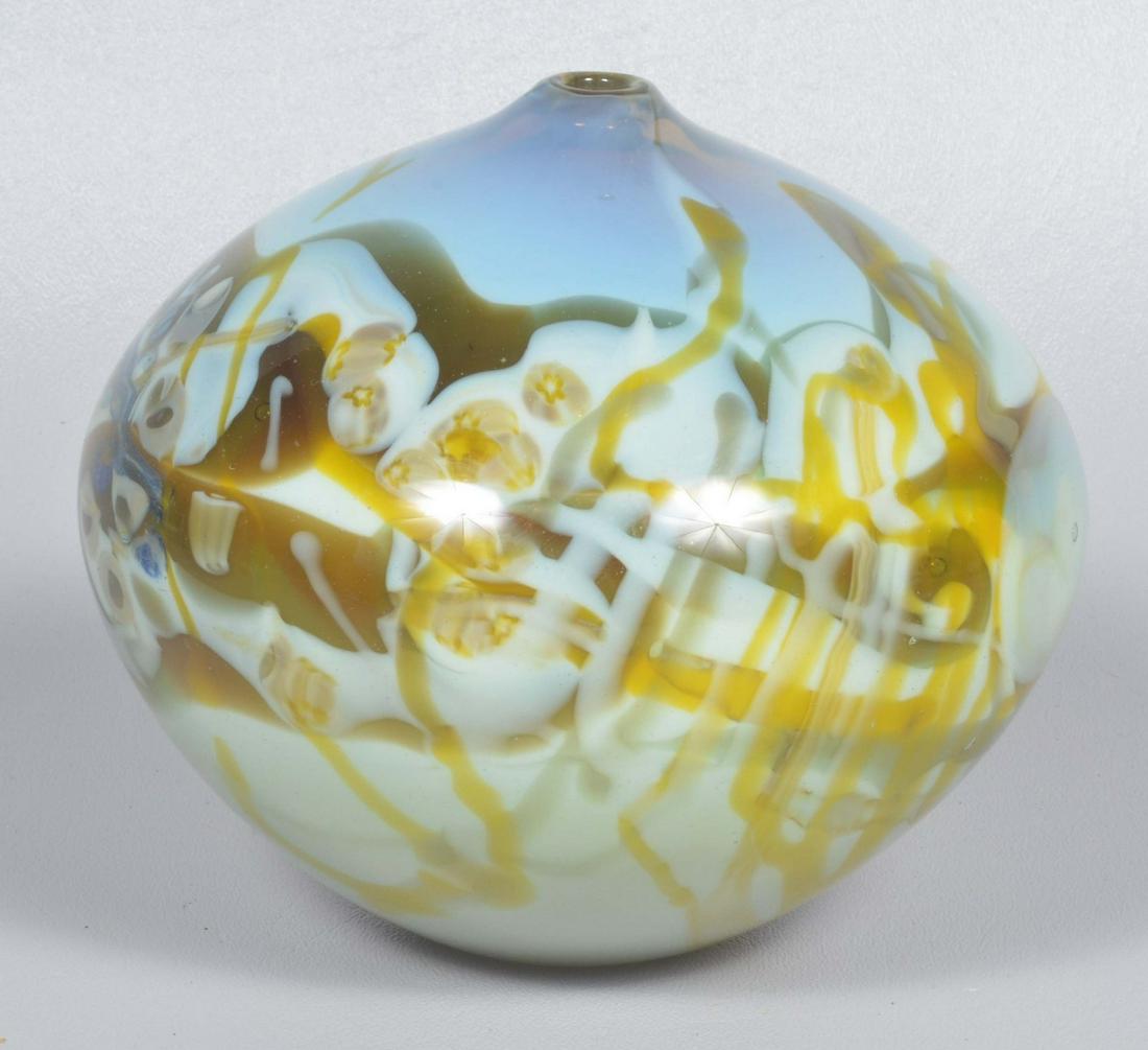 Richard Q. Ritter Art Glass Bud Vase: Richard Q. Ritter art glass bud vase, in amber and opalescent abstract decoration, 5-1/2" dia