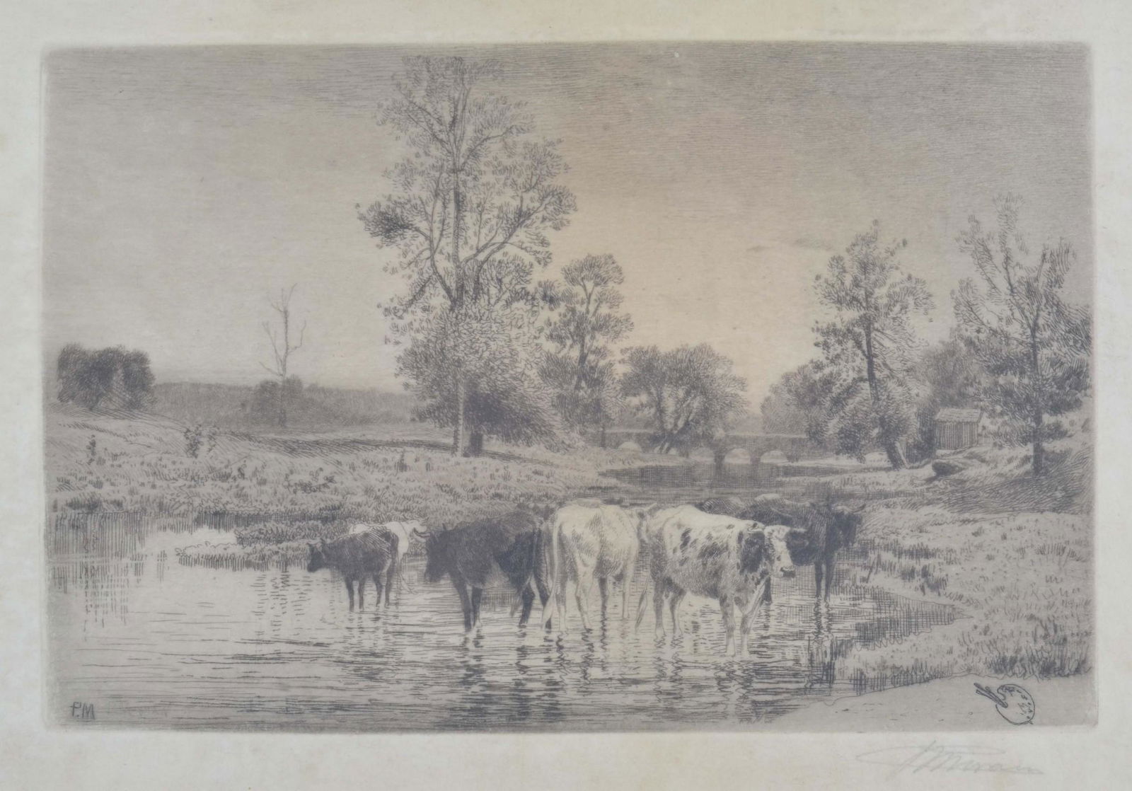 Peter Moran Etching Landscape with Cows: Peter Moran (American, 1841-1914) etching Landscape with Cows, etching on paper, pencil signed "P. Moran", 5-1/4" x 7-7/8" plate, framed 12-3/4" x 15", good condition, not inspected out of frame