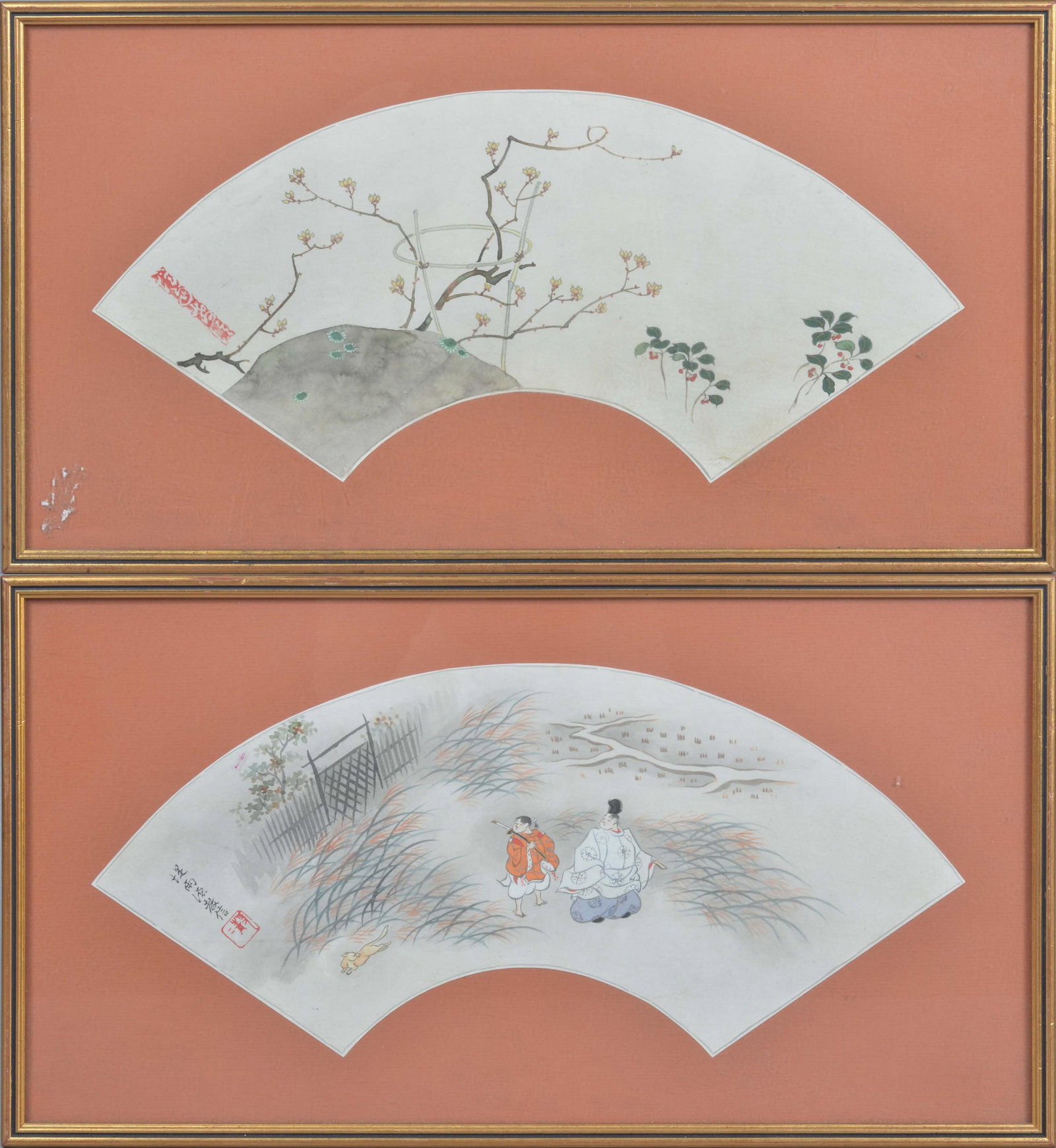 (2) Japanese Fan Pictures: (2) Japanese fan pictures, watercolor on paper, c/o figures in landscape with calligraphy & seal mark, flowers with seal mark, 19" x 8-1/2" sight, 12-1/4" x 22-3/4" framed