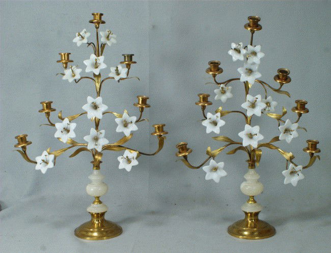Pr brass, glass, and alabaster 7 light candelabra,: Pr brass, glass, and alabaster 7 light candelabra, white glass flowerheads on arms, alabaser sections on stems, 23" tall, 1 flowerhead with damage