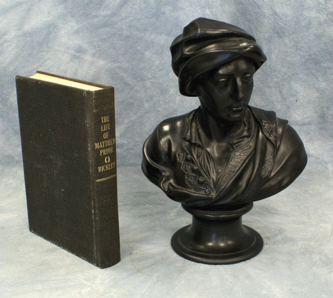 Wedgwood black basalt bust of Matthew Prior, Engl: Wedgwood black basalt bust of Matthew Prior, England, 18th century, mounted atop a waisted circular socle, impressed title and mark, 12" tall, no damage, with a 1970 reprint of "The Life of Matthew Pr