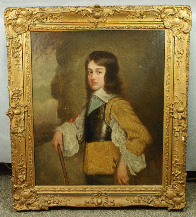 European School, 19th c, o/c, 30" x 25", Portrait : European School, 19th c, o/c, 30" x 25", Portrait of a Young Man, bears a resemblaance to William of Orange, painted gold frame with losses