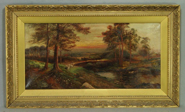 (2) E Smith, 19th/20th c, o/c, Sheep in Sunset lan: (2) E Smith, 19th/20th c, o/c, Sheep in Sunset landscape, Forest Landscape, each 12" x 24"
