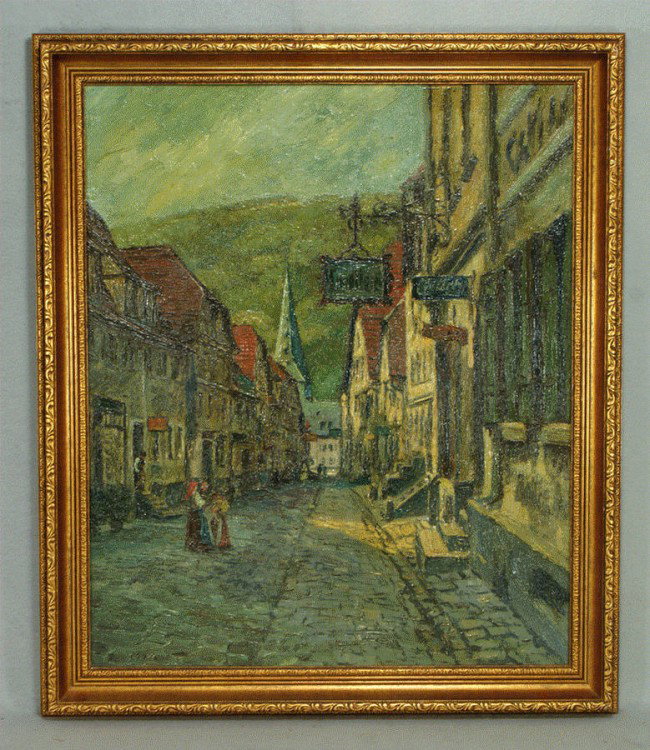 Rudi Mullers, German, 1895-1972, oil on masonite, : Rudi Mullers, German, 1895-1972, oil on masonite, Impressionist Village Landscape, titled verso "Strasse im Neckargemund", 24" x 20"