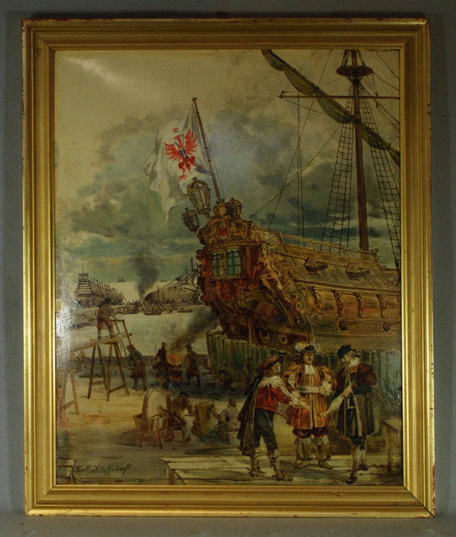 O Bollhagen, (may be Otto, b 1861), European, 20th: O Bollhagen, (may be Otto, b 1861), European, 20th c, Holl Schiffswerft, acrylic on fiber panel, 30" x 24", from Haussner Estate, Baltimore, MD