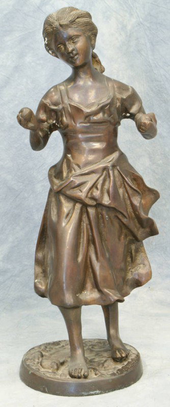 Aug Moreau, bronze sculpture of a young girl, impr: Aug Moreau, bronze sculpture of a young girl, impressed Aug Moreau on base, 15 3/4" tall