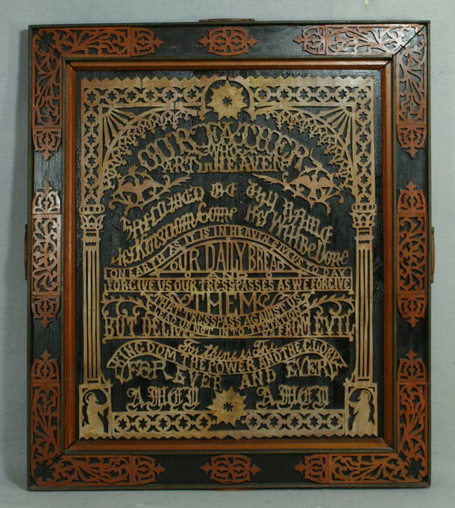 Tramp art fretwork "Lord's Prayer", various woods : Tramp art fretwork "Lord's Prayer", various woods in a painted frame, 29 3/8" x 25 1/4"