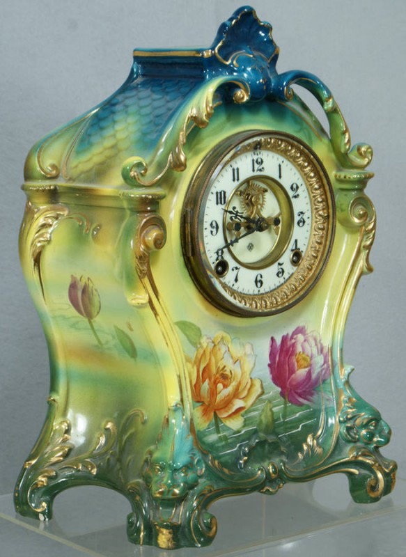 Ansonia La Mine Royal Bonn china case clock, open : Ansonia La Mine Royal Bonn china case clock, open escapement, with key and pendulum, no damage, runs when wound, 14" tall