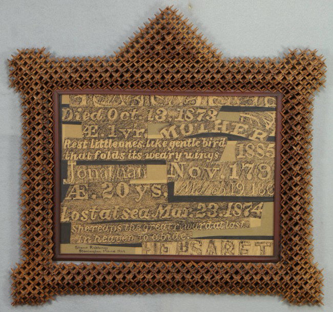 Carved tramp art crown of thorns frame containing : Carved tramp art crown of thorns frame containing a sheet of gravestone rubbings, dated Stoningham, Maine, 1964, 19" x 23" with a pyramidal crest