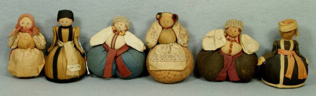 6 Russian stockinette pin cushion dolls, typically: 6 Russian stockinette pin cushion dolls, typically 4 1/2" tall