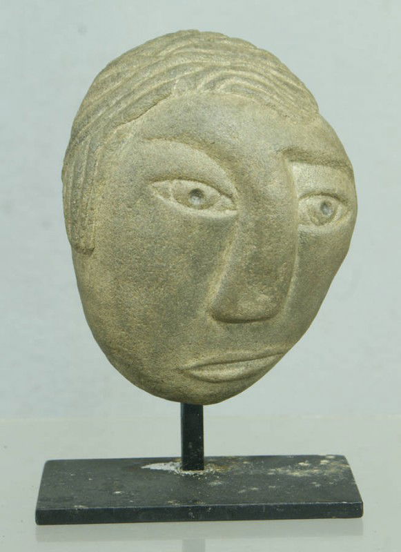 David George Marshall, American, NY, b 1936, (3) c: David George Marshall, American, NY, b 1936, (3) carved creekstone heads, tallest 7 1/2" high on iron stands. Ref: American Folk Art of the 20th Century, Johnson & Ketchum, 1983, p 188.