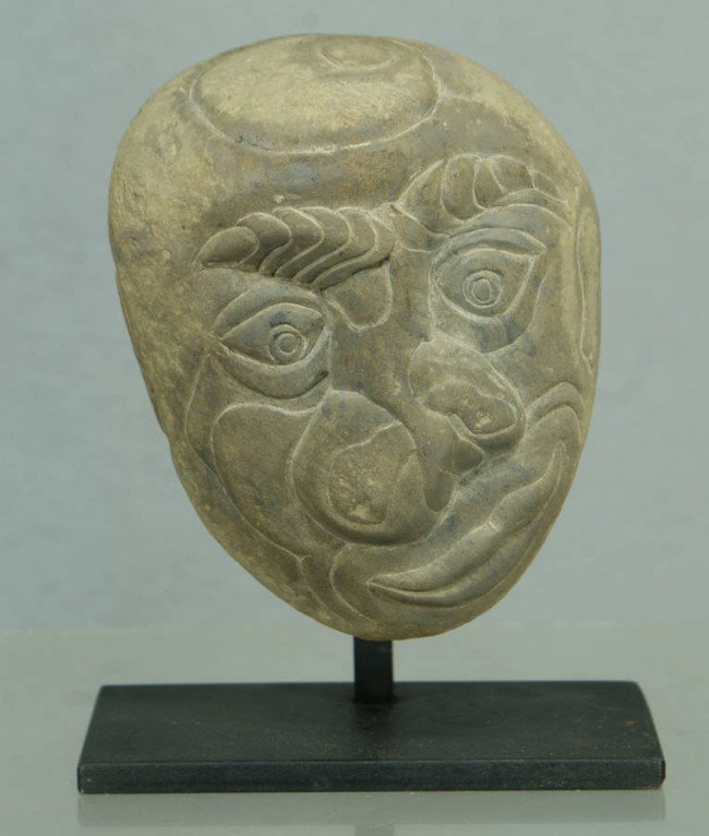 David George Marshall, American, NY, b 1936, (3) c: David George Marshall, American, NY, b 1936, (3) carved creekstone heads, 6 1/2" high on iron stands. Ref: American Folk Art of the 20th Century, Johnson & Ketchum, 1983, p 188.