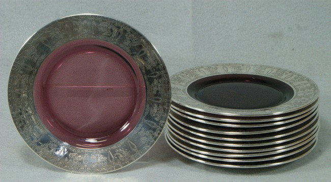 11 amethyst luncheon plates with ornate sterling s: 11 amethyst luncheon plates with ornate sterling silver overlay borders depicting classical harvest figures with urns, 7 3/4" d, silver marked "Sterling/Copyright/D", no damage