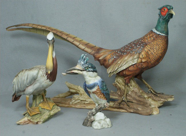 (3) Kaiser porcelain bisque porcelain bird figurin: (3) Kaiser porcelain bisque porcelain bird figurines, ring-Necked Pheasant, tip of tail broken but present, 27" long, The Brown Pelican, 11 3/4" h, Kingfisher, 9 1/2" h