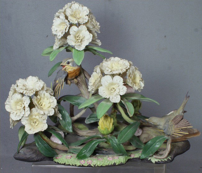 Boehm porcelain floral & figural group, "Pekin Rob: Boehm porcelain floral & figural group, "Pekin Robins With Double Rhododendrons" H 13 1/2", W 16 1/2", L 9 1/4":Hallmark #40037, limited edition #65 of 100 with special commemorative back stamp of Mrs