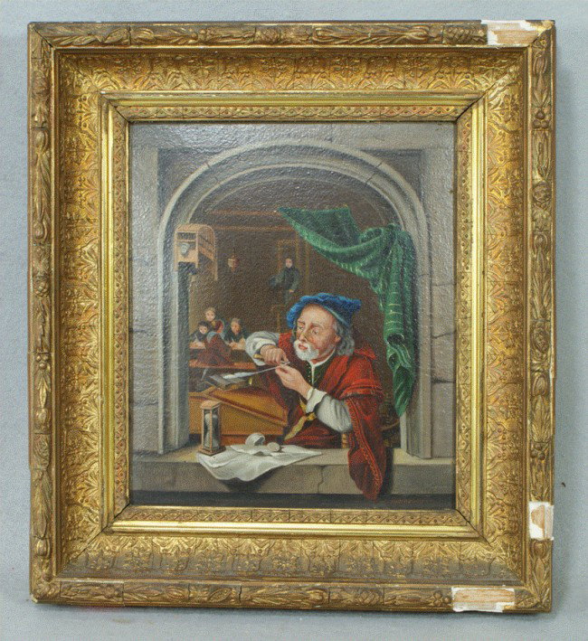 Louis Wagner, European, 19th c, o/board, Scribe sh: Louis Wagner, European, 19th c, o/board, Scribe sharpening his quill, signed and dated 1875 lower right, 9 1/2" x 8", gilt frame, some losses