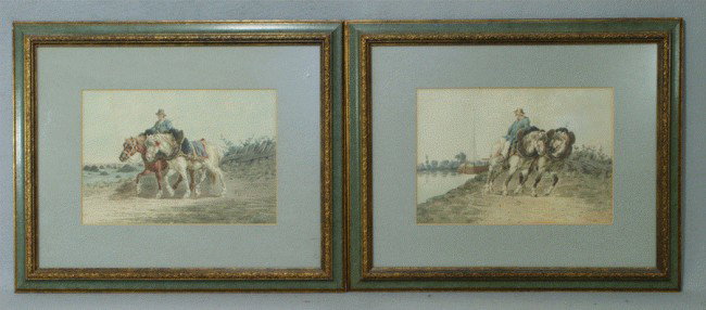 (2) ?---? Sully, English, 19th c, w/c, Farmer with: (2) ?---? Sully, English, 19th c, w/c, Farmer with 2 Horses, 8" x 11 1/2"